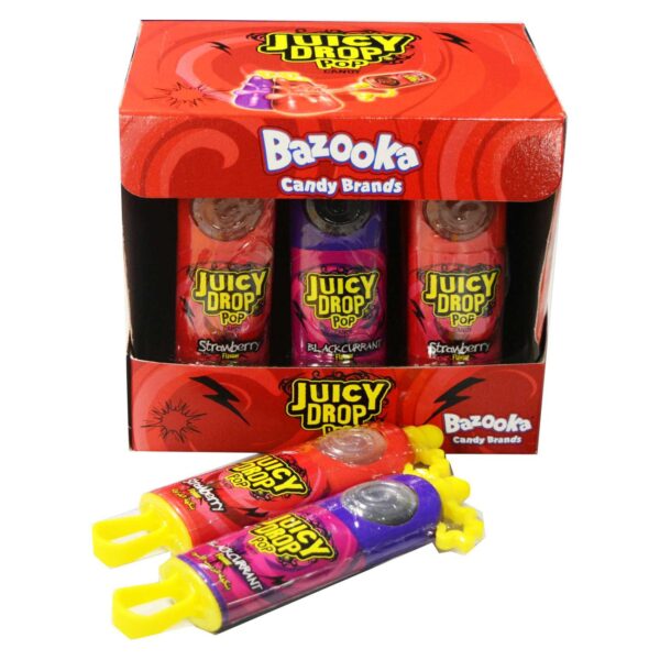 Bazooka Juicy Drop Pop Strawberry And Blackcurrant Candy 26g Pack of 12 Assorted