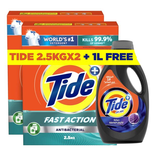 Tide Core+ Antibacterial Fast Action Detergent Powder 2.5kg Pack of 2 and Dark Protect Liquid Laundry Detergent 1L