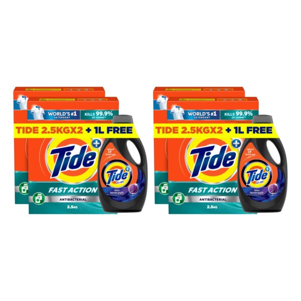 Tide Fast Action Core+ Anti-Bacterial Washing Powder 2.5kg Pack of 4 And Abaya Liquid Detergent 1L Pack of 2